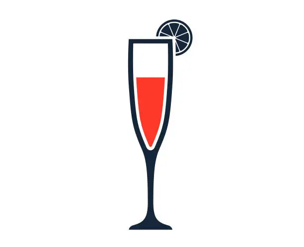 Vector illustration of Champagne In Champagne Flute Glass With Lemon Or Orange Garnish