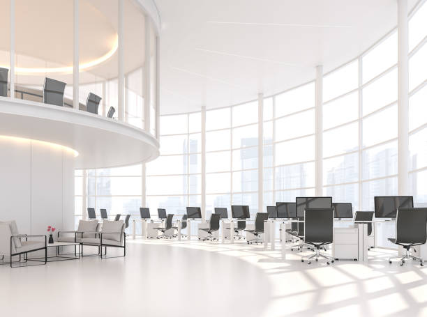bureau moderne de courbe blanche avec le rendu 3d de vue de ville - glass office contemporary built structure photos et images de collection