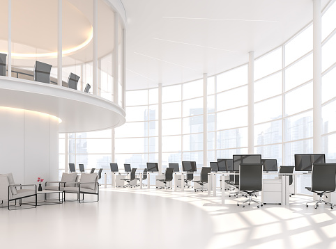 Modern white curve office 3d render.Is a high ceiling office with a work area on the lower floor Meeting room on the mezzanine floor There is a large window looking out at the view of city.