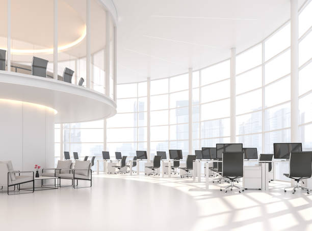 Modern white curve office with city view 3d render Modern white curve office 3d render.Is a high ceiling office with a work area on the lower floor Meeting room on the mezzanine floor There is a large window looking out at the view of city. glass steel contemporary nobody stock pictures, royalty-free photos & images