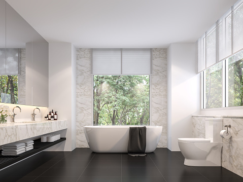 Lujoso baño con vistas naturales Render 3D photo