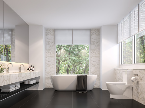 Luxurious bathroom with natural views 3d render,The room has black tile floors, white marble walls, There are large windows sunlight shining into the room.