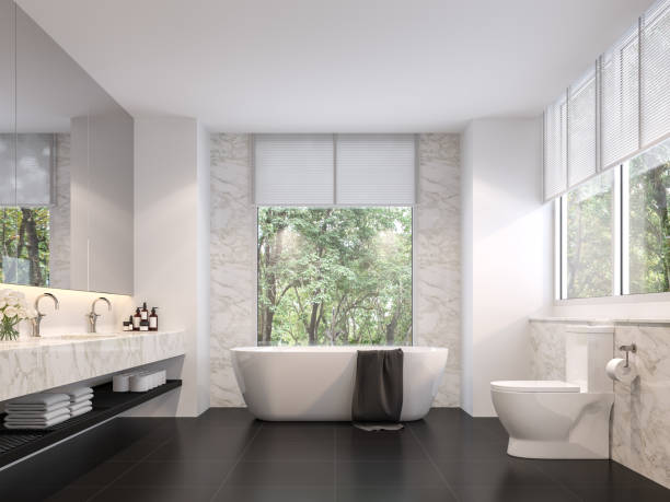 o banheiro luxuoso com vistas naturais 3d rende - luxury hotel looking through window comfortable - fotografias e filmes do acervo