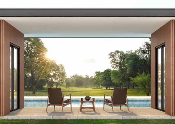 terrasse moderne de piscine contemporaine de rendu 3d - furniture patio outdoors lounge photos et images de collection