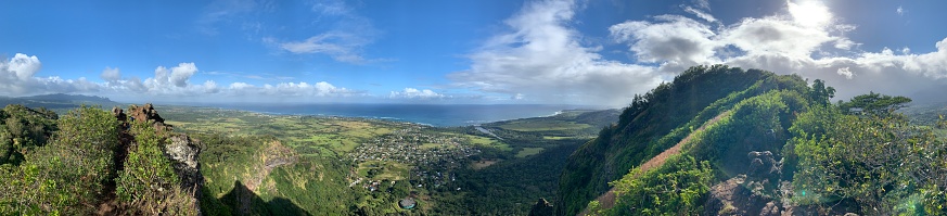View of Kappa and east coastline seen from peak of Sleeping Giant, island of Kauai, Hawaii.