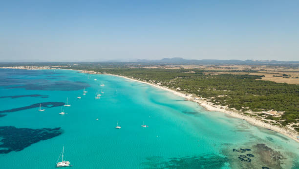 Amazing drone aerial landscape of the charming beach Es Trencs and the boats with a turquoise sea. It has earned the reputation of Caribbean beach of Mallorca. Spain stock photo