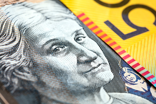 Australian money background.  Closeup of face on fifty dollar note.
