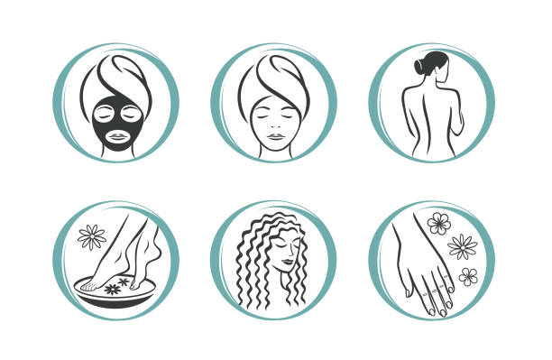 SPA salon icons Spa Massage Therapy Skin Care & Cosmetics Services Icons. Vector Illustration. beauty salon facial mask woman stock illustrations