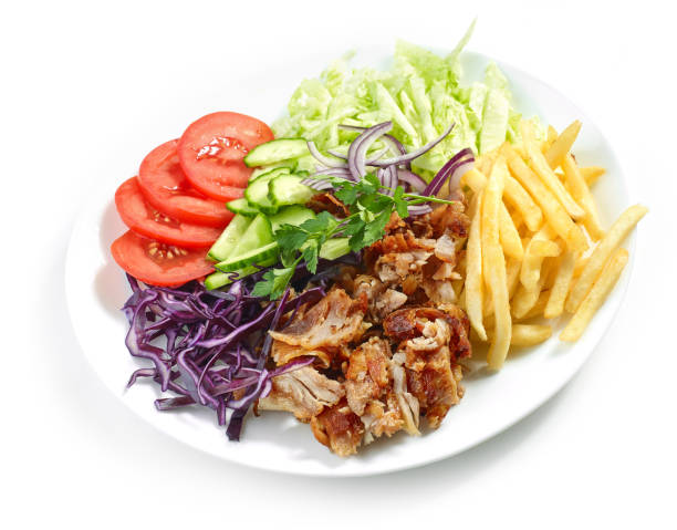 istock plate of chicken kebab and vegetables 1147035201