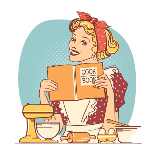 Young woman holding cook book in her hands on kitchen room.Reto style color illustration Young woman holding cook book in her hands on kitchen room.Reto style color illustration on white background retro 1950s kitchen stock illustrations