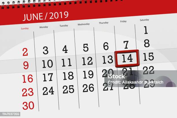 Calendar Planner For The Month June 2019 Deadline Day 14 Friday Stock Illustration - Download Image Now