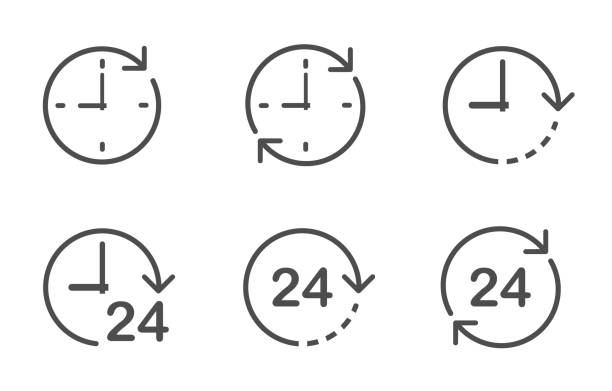 sport_balls_LN_1 time clock dial and round the clock with arrows vector icon set for web and ui design. clock dial and 24 hour flat icons isolated on white background. time is money business concept clock wall clock face clock hand stock illustrations