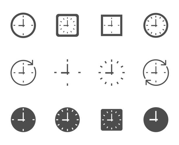 sport_balls_LN_1 time clock dial vector icon set for web and ui design. time clock square and round dials flat icons isolated on white background. time is money business concept. black and white dials clock wall clock face clock hand stock illustrations