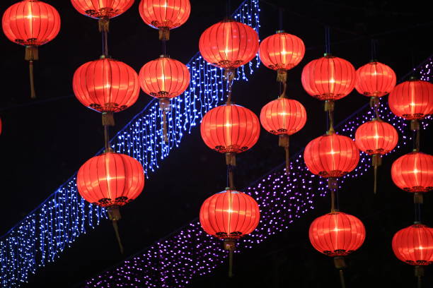 lanterns in red thousand of chinese style colour lanterns festival in chinese new year at bamboo theater in hong kong china in Mid-Autumn festival hong kong moon night stock pictures, royalty-free photos & images