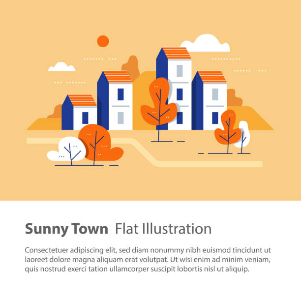 River side settlement, cozy town, row of houses by the river with trees, residential building, green neighborhood Cozy town, row of houses by the river with trees, residential building, river side settlement, green neighborhood, real estate development, flat design vector illustration flat stock illustrations