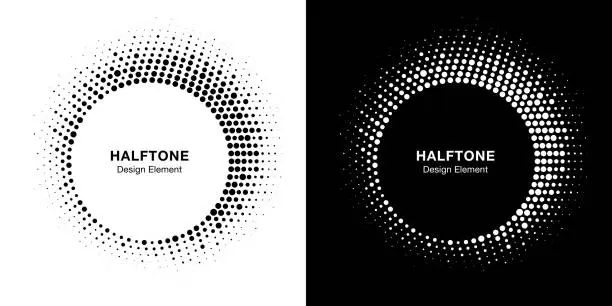 Vector illustration of Halftone circle frame abstract dot logo emblem design element. Half tone circular icon collection. Original round border using halftone circle dots raster texture. Vector set.