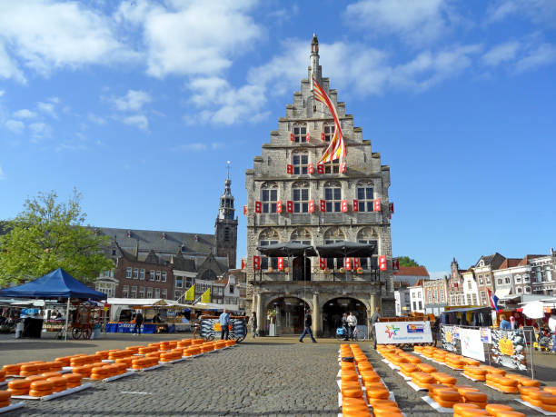 célèbre marché aux fromages de gouda, hôtel de ville de gouda, pays-bas - gouda photos et images de collection