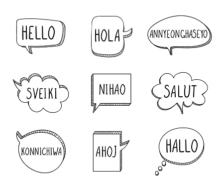 Vector Talk Bubbles with Hellos on Different Languages: English, Spanish, Korean, Lithuanian, Chinese, French, Japanese, Czech, German, Isolated on White Background.