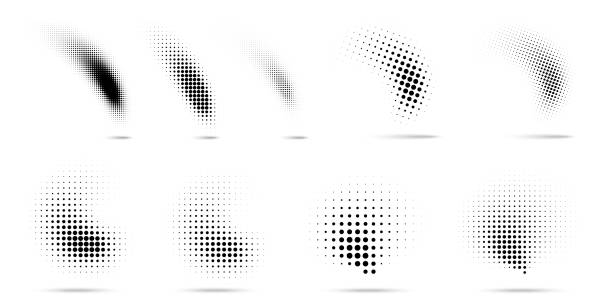 Set of halftone dots curved gradient pattern texture isolated on white background. Curve dotted spots using halftone circle dot raster texture collection. Vector blot half tone collection. Set of halftone dots curved gradient pattern texture isolated on white background. Curve dotted spots using halftone circle dot raster texture collection. Vector blot half tone collection. soda illustrations stock illustrations