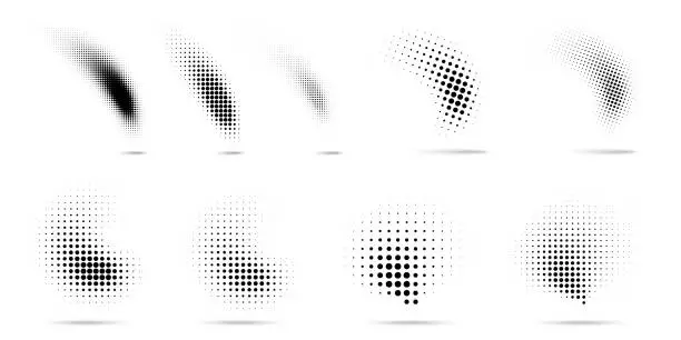 Vector illustration of Set of halftone dots curved gradient pattern texture isolated on white background. Curve dotted spots using halftone circle dot raster texture collection. Vector blot half tone collection.