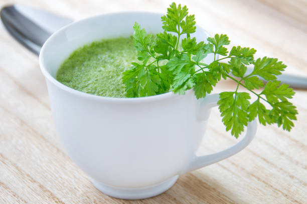 grüne gemüsesuppe mit kerbel - kerbel stock-fotos und bilder