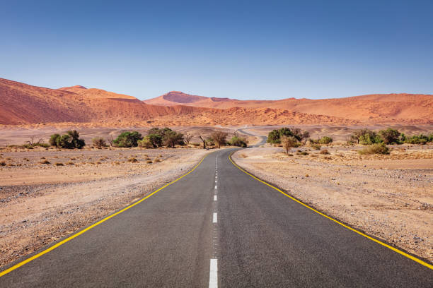 African Desert Highway through Sossusvlei, Namibia African Desert Highway through the Namib Naukluft National Park at Sesriem in late afternoon light, Sossusvlei to Dead Vlei, Namib Desert, Namibia, Africa. namib sand sea stock pictures, royalty-free photos & images