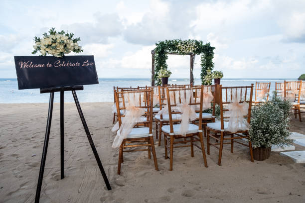 istock Wedding set up with ocean view. Tropical destination wedding concept 1147048140