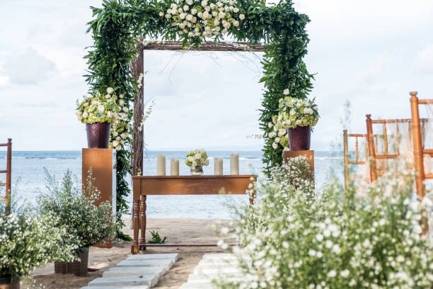 istock Wedding on the beach, Tropical settings for a wedding on a beach - Bali island. Exotic destination wedding concept 1147049626