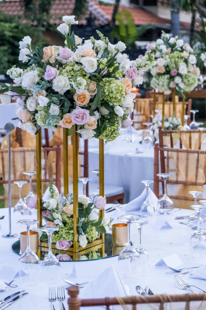istock Wedding table decor setting. Festive banquet dinner decoration 1147049634