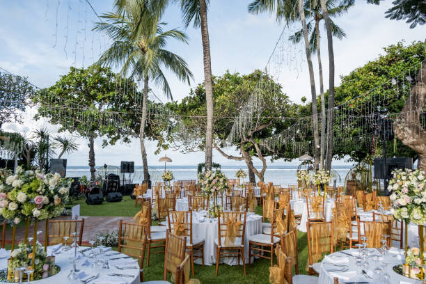Wedding set up with ocean view. Tropical destination wedding concept Wedding set up with ocean view. Tropical destination wedding table ledge stock pictures, royalty-free photos & images