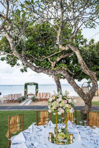 istock Wedding set up with ocean view. Tropical destination wedding concept 1147051137
