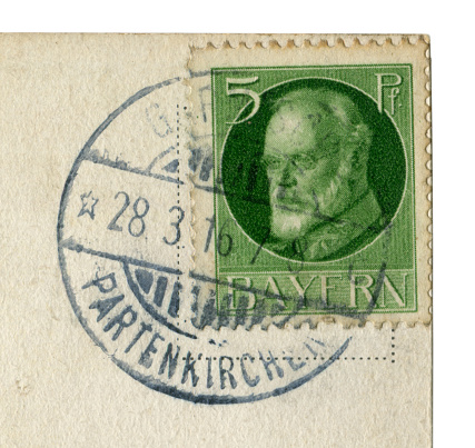 Bavarian-German historical stamp: The last king of Bavaria Ludwig III, 28 march 1916, Garmisch-Partenkirchen, world war one, Germany, German Empire