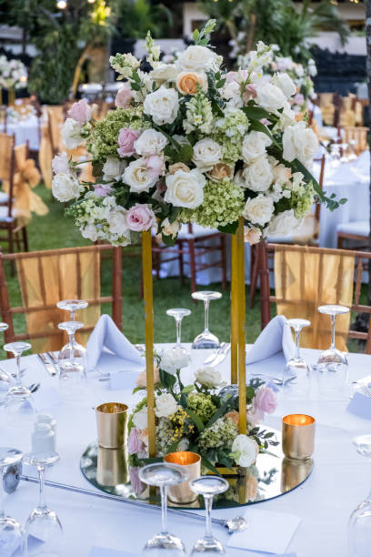 istock Wedding table decor setting. Festive banquet dinner decoration 1147055217