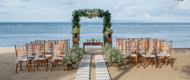 istock Wedding on the beach, Tropical settings for a wedding on a beach - Bali island. Exotic destination wedding concept 1147055929