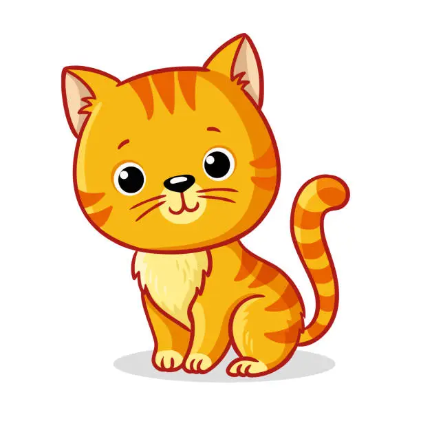 Vector illustration of Ginger kitten sitting on a white background. Cute animal in cartoon style.