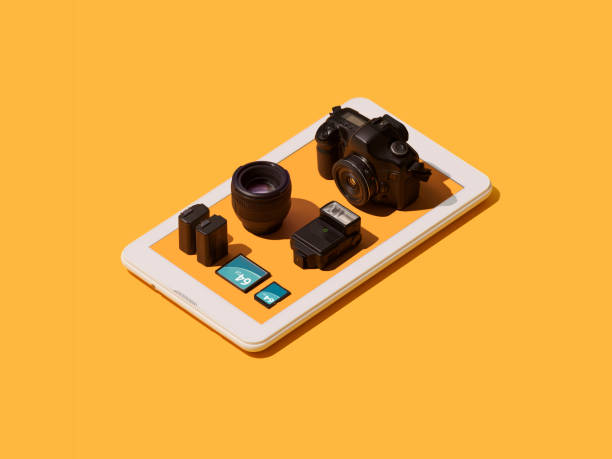 Professional photography equipment on a smartphone app: digital reflex camera, lens, flash light, memory cards and batteries