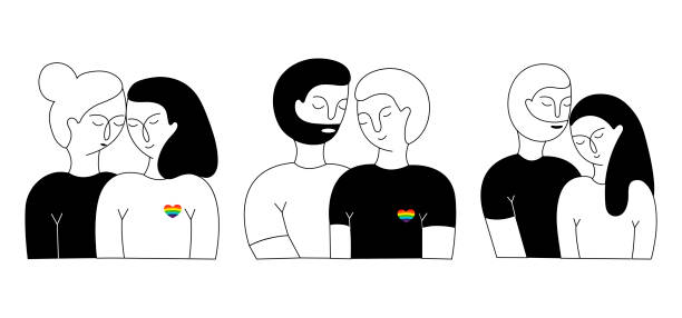 illustrations, cliparts, dessins animés et icônes de un ensemble de couple lisbian, couple homosexuel et couple hétérosexuel - regarder ailleurs