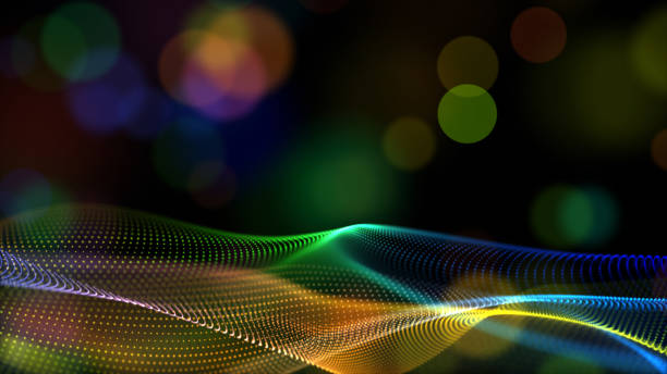 Abstract rainbow color or hologram color digital particles wave with bokeh flow background