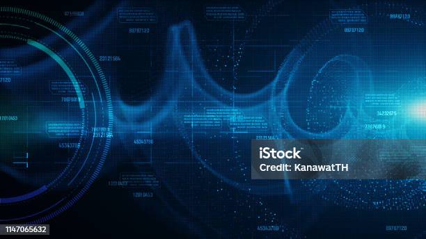 Hitech Hud And Data With Blue Color Digital Particles Flow Future Background Concept Stock Photo - Download Image Now