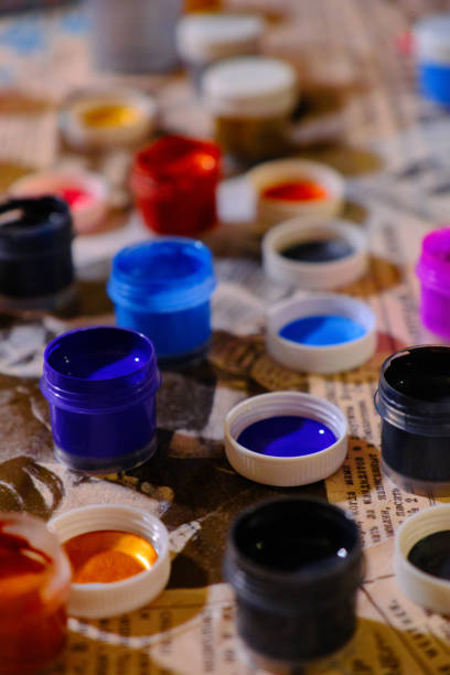 istock Open jars of gouache ready for creativity 1147068168