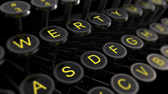 3d illustration: Vintage typewriter keys with yellow letters close-up, focus in the center, blur at the edges. Writer's concept of writing texts, books, scripts, etc.