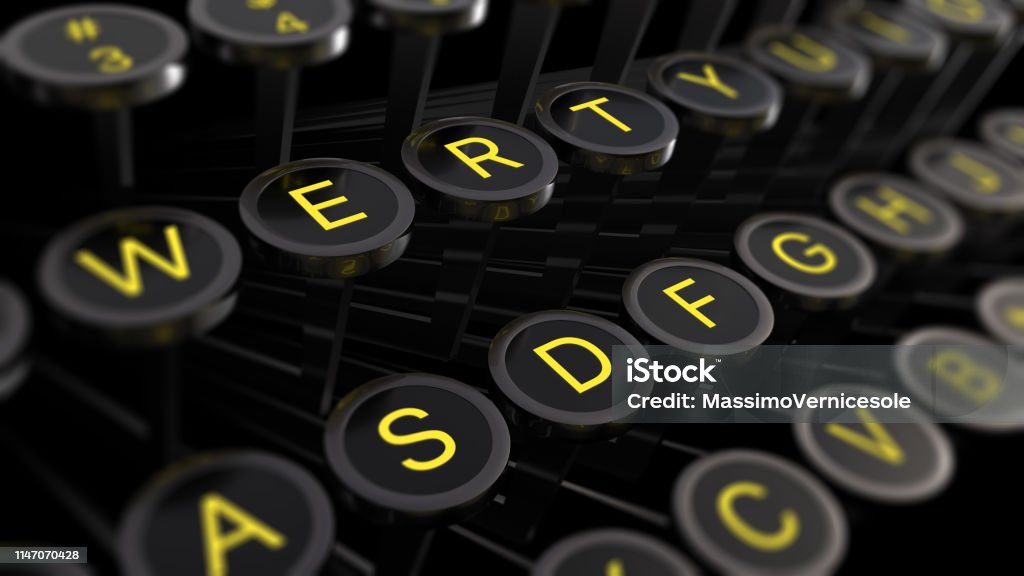 3d illustration: Vintage typewriter keys with yellow letters close-up, focus in the center, blur at the edges. Writer's concept of writing texts, books, scripts, etc. Digitally Generated Image Stock Photo