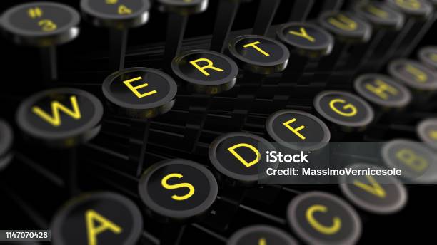 3d Illustration Vintage Typewriter Keys With Yellow Letters Closeup Focus In The Center Blur At The Edges Writers Concept Of Writing Texts Books Scripts Etc Stock Photo - Download Image Now