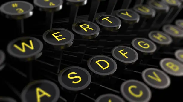 3d illustration: Vintage typewriter keys with yellow letters close-up, focus in the center, blur at the edges. Writer's concept of writing texts, books, scripts, etc.