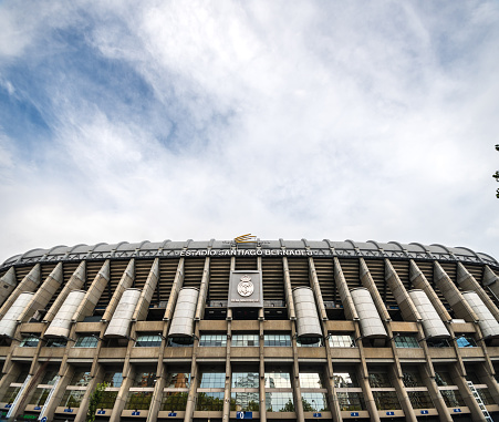 Main facade of the Santiago Bernabéu football Stadium in Madrid, Spain, home stadium of Real Madrid. Completed in 1947, its renovation plans are about to start in 2019.