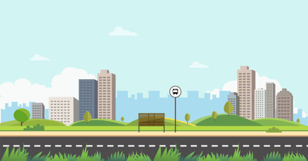 ilustrații de stoc cu stația de autobuz pe orașul strada principală cu foregraound iarbă. parc public cu bancă și stație de autobuz cu buidings și fundal cer - peisaj urban