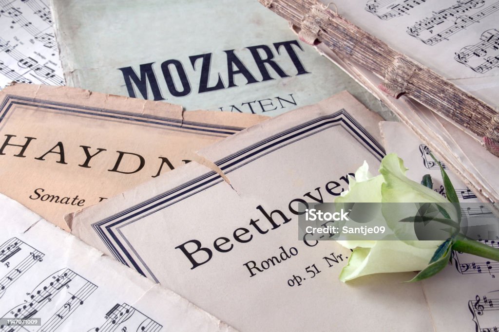 Music classics and white rose Music classics notes and roses background Classical Music Stock Photo