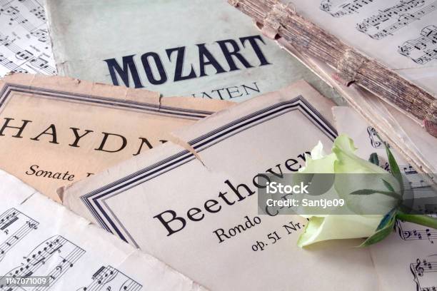 Music Classics And White Rose Stock Photo - Download Image Now - Classical Music, Sheet Music, Ludwig van Beethoven