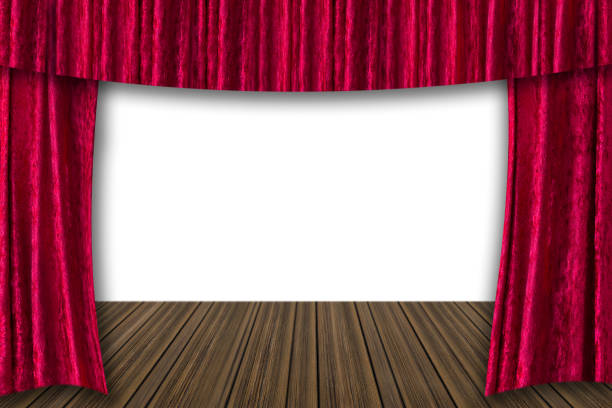 istock Red velvet curtain and white background 1147072291
