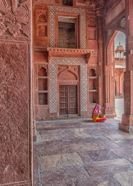 woman sitting on the floor in the amer palace - women rear view one person arch imagens e fotografias de stock